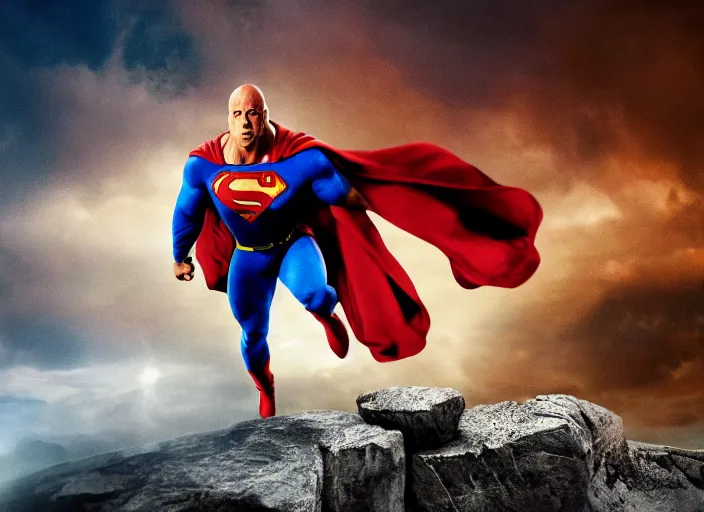 Image similar to film still of dwayne the rock johnson as superman in the new superman movie, 4 k