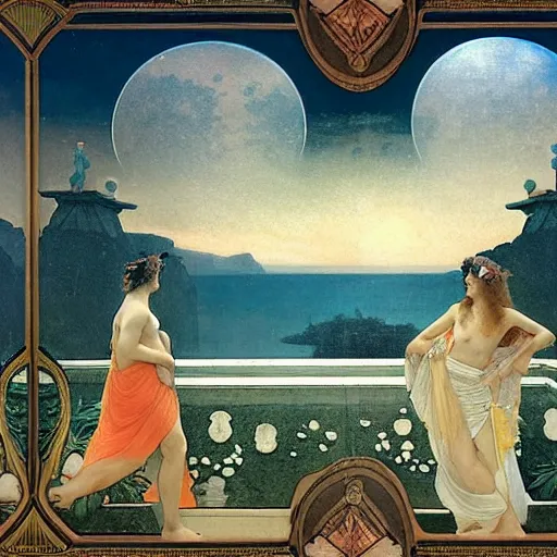 Image similar to The palace on the clouds, moon reflecting on the water, thunderstorm, greek pool, beach and Tropical vegetation on the background major arcana sky, by paul delaroche, alphonse mucha and arnold böcklin, hyperrealistic 8k, award-winning, very very very detailed