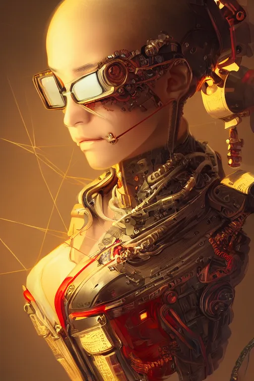 Image similar to Portrait of a cyberpunk cyborg , D&D, sci fi fantasy, intricate, gold and red, richly detailed colored , art by Range Murata, highly detailed, 3d, octane render, bright colors, digital painting, trending on artstation, sharp focus, illustration style of Stanley Artgerm,