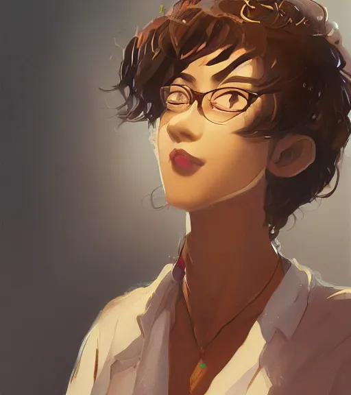 Image similar to character design of anthy himemiya as a college student with black hair, glowing brown skin, delicate features, bollywood starlet, fantasy, small mouth, quiet beauty, intricate, elegant, dress shirt, highly detailed, digital painting, artstation, concept art, smooth, sharp focus, illustration, art by Krenz Cushart and Artem Demura and alphonse mucha