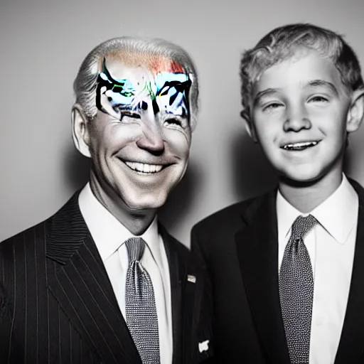 Image similar to A portrait photo of joe biden teams up with a teenage joe biden, perfect faces, 50 mm, award winning photography