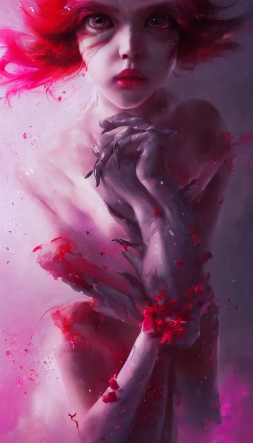 Prompt: shot of sinister girl with pouty aerochrome ( ( ( lips ) ) ), fungal, adorable, expressive eyes, kawaii playful pose of a dancer, greg rutkowski, charlie bowater, yuumei, stephen gammell, unreal 5, daz, hyperrealistic, dark, dynamic lighting, fantasy art, beautiful face