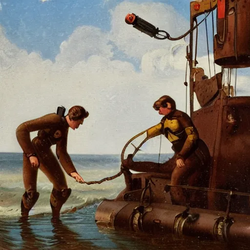 Image similar to 19th century romantic painting of a deep see atmospheric diving suit salvaging a submarine