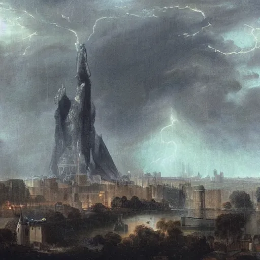 Image similar to a gigantic diety, towering over a city, during a thunderstorm,