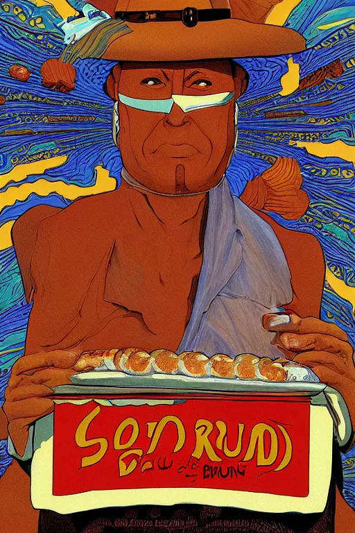 Prompt: an original jean giraud digital art painting of a religious decree prohibiting the consumption of hot dog buns