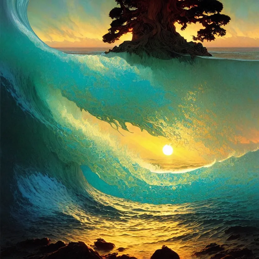 Image similar to ocean wave around ancient sequoia tree, lsd water, dmt ripples, backlit, sunset, refracted lighting, art by collier, albert aublet, krenz cushart, artem demura, alphonse mucha