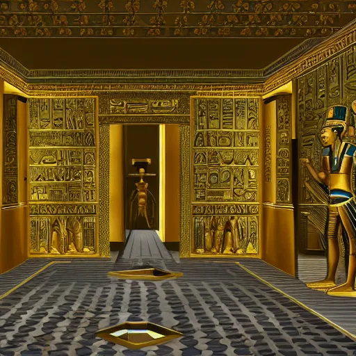 Image similar to an ancient undiscovered egyptian treasure room entirely made of shiny gold, full of ingots and gems and precious, concept art, architecture design, pyramids style, art by de chirico