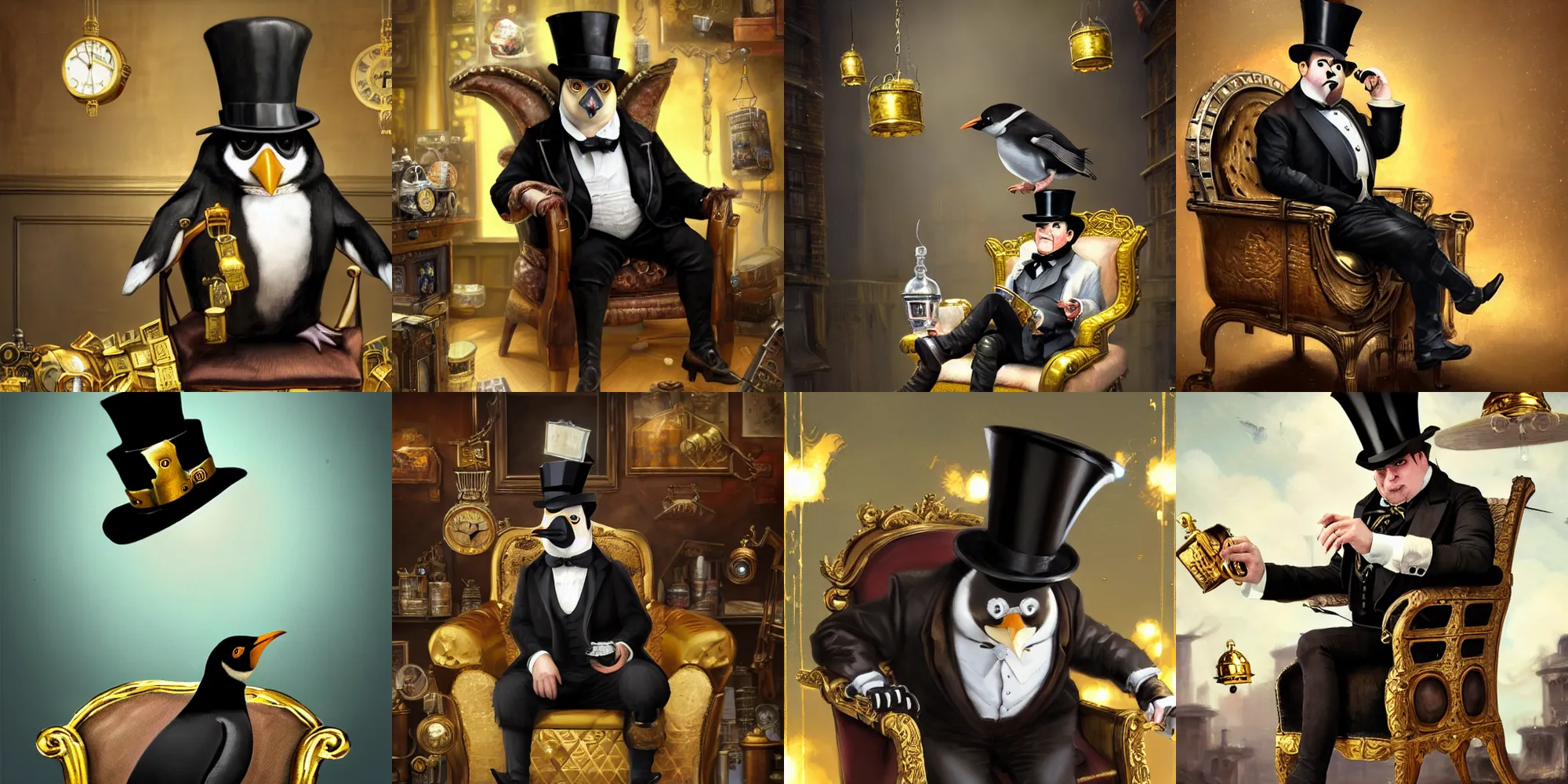 Prompt: oil painting of grumpy rich steampunk penguin, sitting in fancy chair, wearing top hat, holding gold watch, steampunk factory background, hamster running in the background, sharp focus, fantasy style, octane render, volumetric lighting, 8k high definition, by greg rutkowski, highly detailed, trending on art Station, magic the gathering artwork, centered