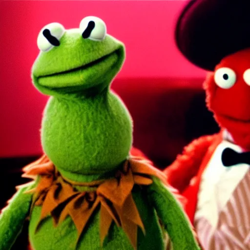 Prompt: Kermit the Frog and Fozzie Bear, Pulp Fiction still frame, cinematic