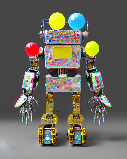 Image similar to cute elaborate epic robot made from candy and pinball machine parts in a crowded city made of arcade machines and buildings made of candy, symmetrical, bubbles everywhere, video game consoles, colored wires, translucent, clear parts, detailed by pokedstudio, rendered in blender, 3 d models