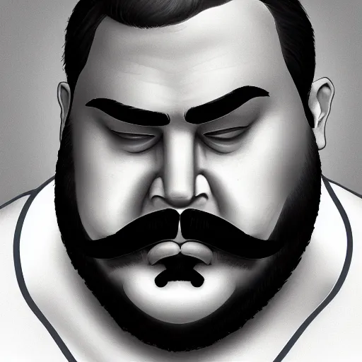 Image similar to face portrait a big beefy man with a large face, thick dark hair, a bushy black moustache, no beard, with hardly any neck and mean little eyes, highly detailed, digital art, sharp focus, trending on art station, drawing