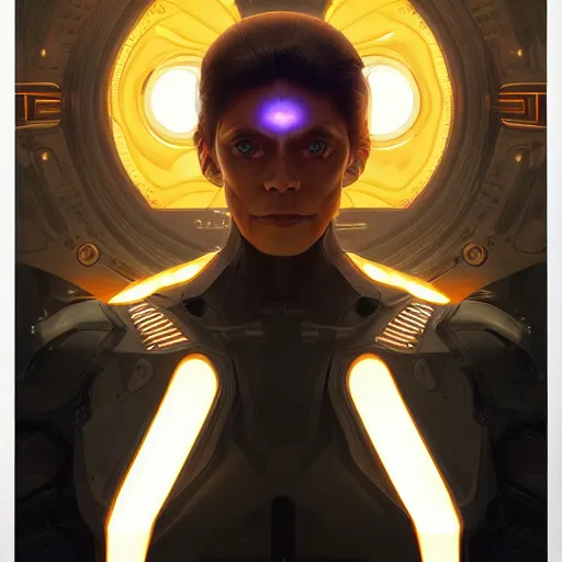 Image similar to symmetry portrait of willem dafoe sci - fi, tech wear, glowing lights!! intricate, elegant, highly detailed, digital painting, artstation, concept art, smooth, sharp focus, illustration, art by artgerm and greg rutkowski and alphonse mucha