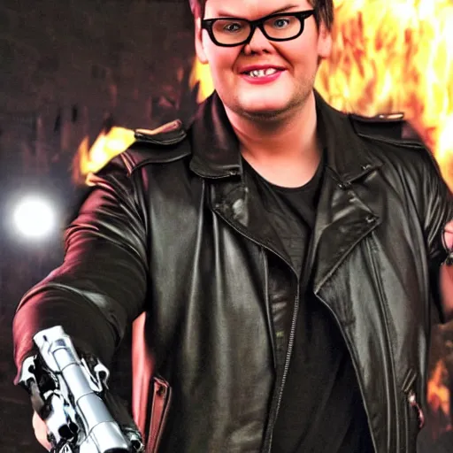 Image similar to Alan Carr as terminator, dramatic shot,