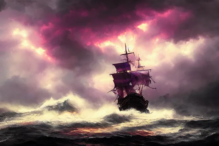 Image similar to a close up pirate ship, violent stormy waters, fiery electrical storm clouds in epic purple sky, dark night, digital art, cinematic, hd, by greg rutkowski, artstation