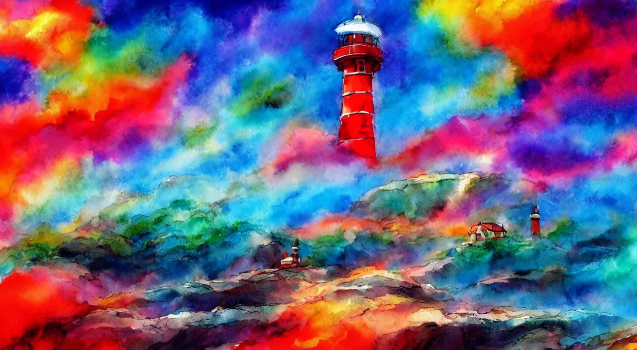 Image similar to A beautiful landscape with rainbow smoke plumes, cyan cliffs, a crimson lighthouse, vivid landscape, award-winning anime style, wallpaper, relaxing, Watercolor expressionist