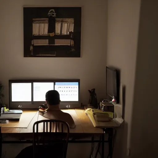 Prompt: During the night, a man alone on his computer in the living room of his apartment, really dark