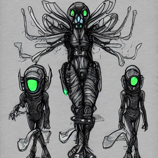 Image similar to concept art sketch of a cyberpunk insectoid underwater alien and its minions