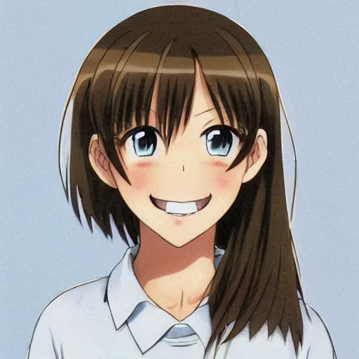 Prompt: A medium shot anime portrait of a happy light brown-haired brunette anime woman with blue eyes, a single short ponytail, parted light brown hair, bare forehead, blue-eyed, bright blue eyes, thick jawline, uniform teeth, big thick grinning lips, round face, big round nose, closed lips, wearing a t-shirt, solid blue background, by Stanley Artgerm Lau, WLOP, Rossdraws, James Jean, Andrei Riabovitchev, Marc Simonetti, and Sakimi chan, trending on artstation