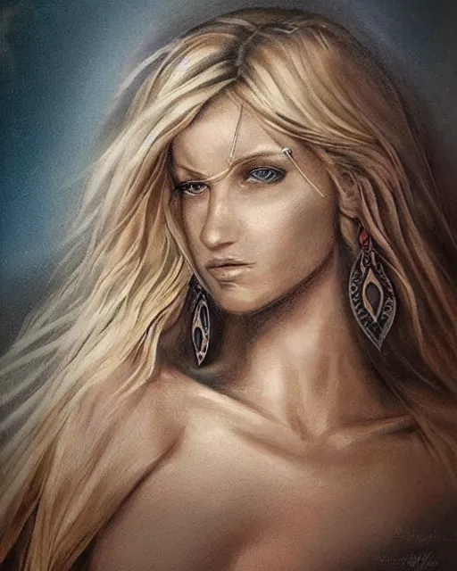 Image similar to tattoo sketch of beautiful greek goddess aphrodite with arrowhead earrings, beautiful feather jewelry, beautiful piercing eyes, flowing blonde hair, realistic face, hyper realistic, in the style of greg rutkowski, fantasy, amazing detail, epic, elegant, smooth, sharp focus, from the front