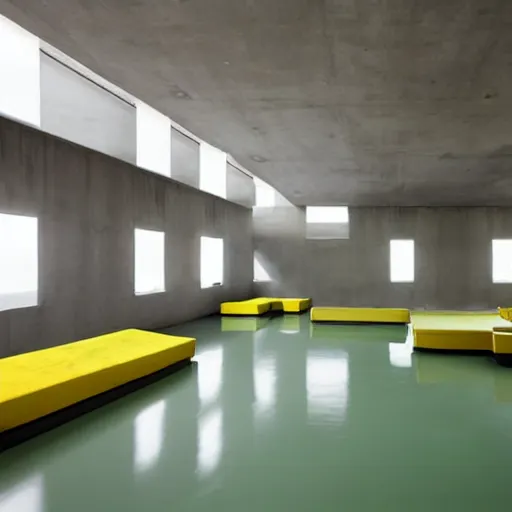 Prompt: upholstered sofas fluorescent ceiling lighting rectangular water pond in a large minimalistic concrete rectangular room with no windows, a tilt shift photo by leandro erlich, featured on cg society, kitsch movement, hall of mirrors, high dynamic range, studio portrait