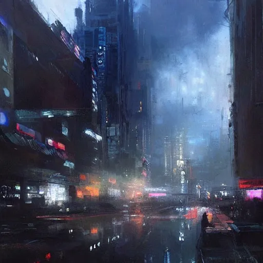 Image similar to beautiful cyberpunk cityscape, sun setting, volumetric clouds, painting by jeremy mann