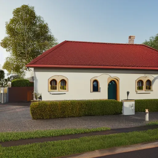 Image similar to a house designed by mr tumble, photorealism, 8 k, octane render, architecture