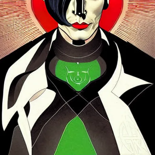 Prompt: Adam Hughes comic art, wide shot, handsome elegant male Nikola Tesla, futuristic spy, kabuki mask, beautiful evil sneer, symmetrical face, symmetrical eyes, leather clothing and boots, long straight green black hair, full body, Indigo occult pattern