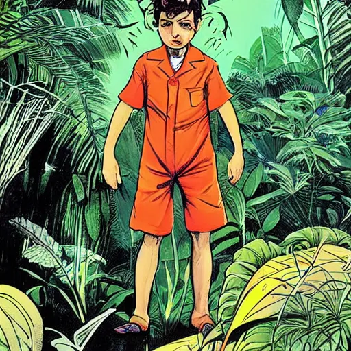 Image similar to Sergio Bleda and Jérémy Petiqueux and Alex Maleev artwork of a boy super scientist in a retro jungle explorer costume