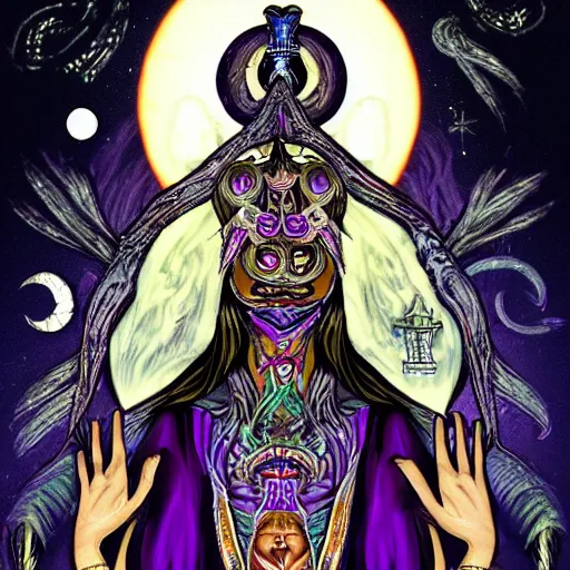 Image similar to a traditional sacred priestess coming back to life in the modern world, haloed, cosmic horror style