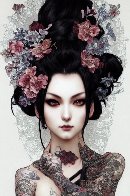 Image similar to goth yakuza girl tattoos, intricate, elegant, highly detailed, digital painting, artstation, concept art, smooth, sharp focus, illustration, art by artgerm and greg rutkowski and alphonse mucha and william-adolphe bouguereau