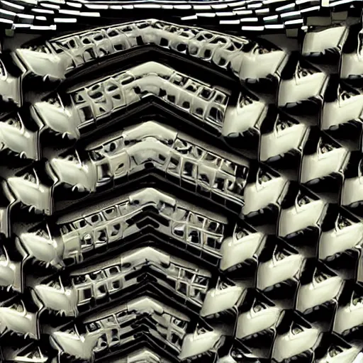 Image similar to nuclear brutalist synthetic sounds waves in infinite recursion, in the style of a YouTube thumbnail