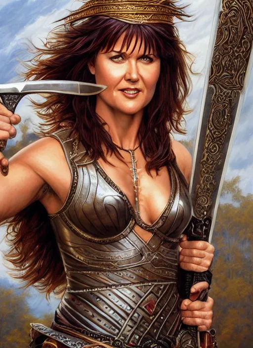 Image similar to Lucy Lawless as Xena as a ruggedly handsome hero holding an enormous large dual wielding sword, intricate, elegant, highly detailed, centered, digital painting, artstation, concept art, smooth, sharp focus, illustration, artgerm, donato giancola, Joseph Christian Leyendecker, WLOP, Boris Vallejo, Artgerm