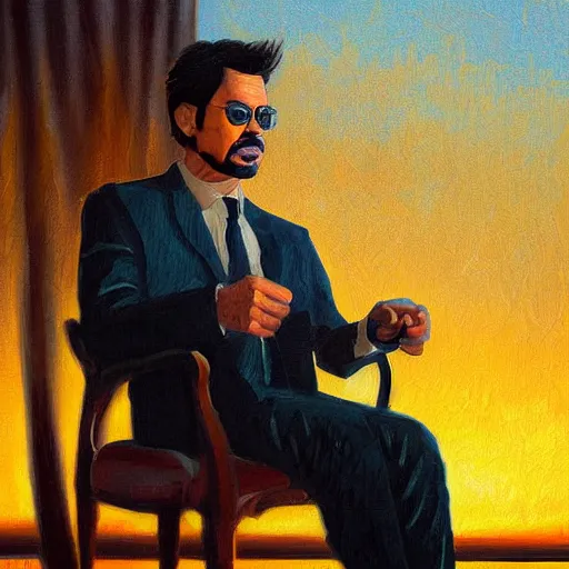 Prompt: detailed oil painting of tony stark sitting in an armchair in a room with the setting sun, by jama jurabaev, brush hard, golden hour, brush stroke