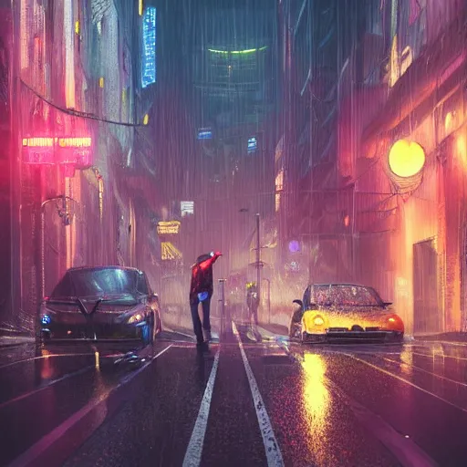 Prompt: wet cyberpunk streets at night with thick yellow smog, matte painting, concept art by Greg Rutkowski, hyperdetailed, hyperrealistic, cinematic lights, octane render, trending on artstation, artstationHD, artstationHQ, unreal engine, 8k