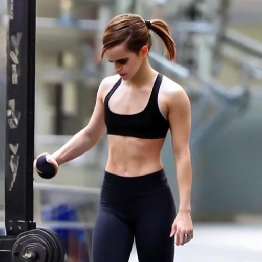 Prompt: emma watson working out in a gym, tight sports clothing, sweating, abs