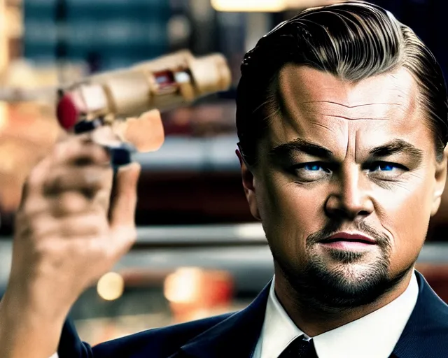 Image similar to leonardo dicaprio as the wolf of wall street, cinamtic, long shot, hyper detailed, highly detailed face, 8 5 mm photograph, 8 k resolution, film still, sharp lens, wide lens