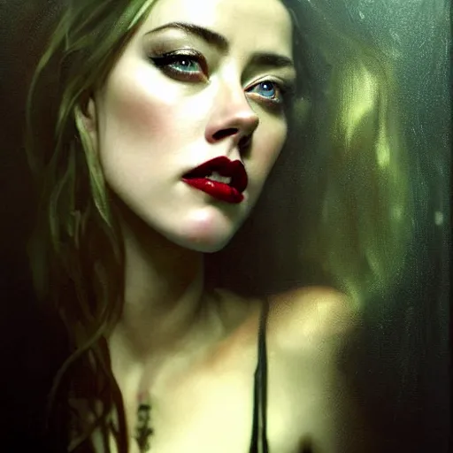 Image similar to hyperrealistic portrait of a woman as amber heard as a vampire witch in a black coat as a reflection in a window. by jeremy mann and alphonse mucha, tears, falling red petals, fantasy art, photo realistic, dynamic lighting, artstation, poster, volumetric lighting, very detailed faces, 4 k, award winning