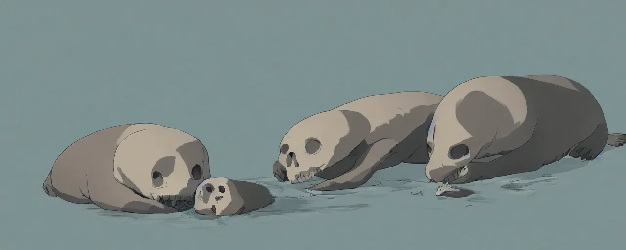 Image similar to seal bones and skull, in river mud, atey ghailan, goro fujita, studio ghibli, rim light, sad, dark lighting, clear focus, very coherent