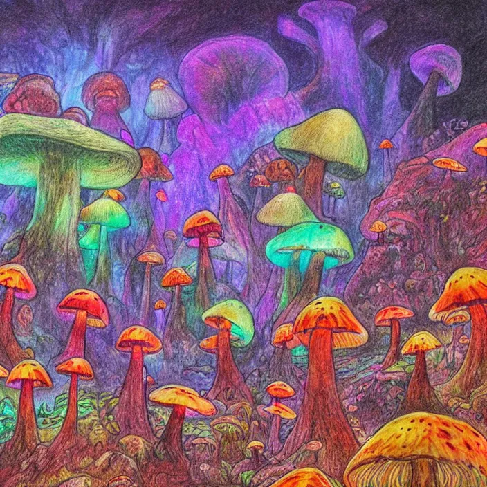 Prompt: a large cave lit by glowing mushrooms, colorful crystals grow from the ground, drawn with colored pencils, gloomy mood, highly detailed