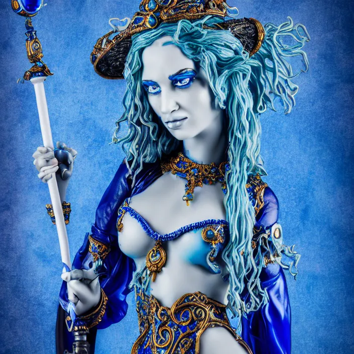 Image similar to photograph of a real - life very beautiful elemental water witch with ornate blue robs and staff, extremely detailed. dslr. 8 5 mm.