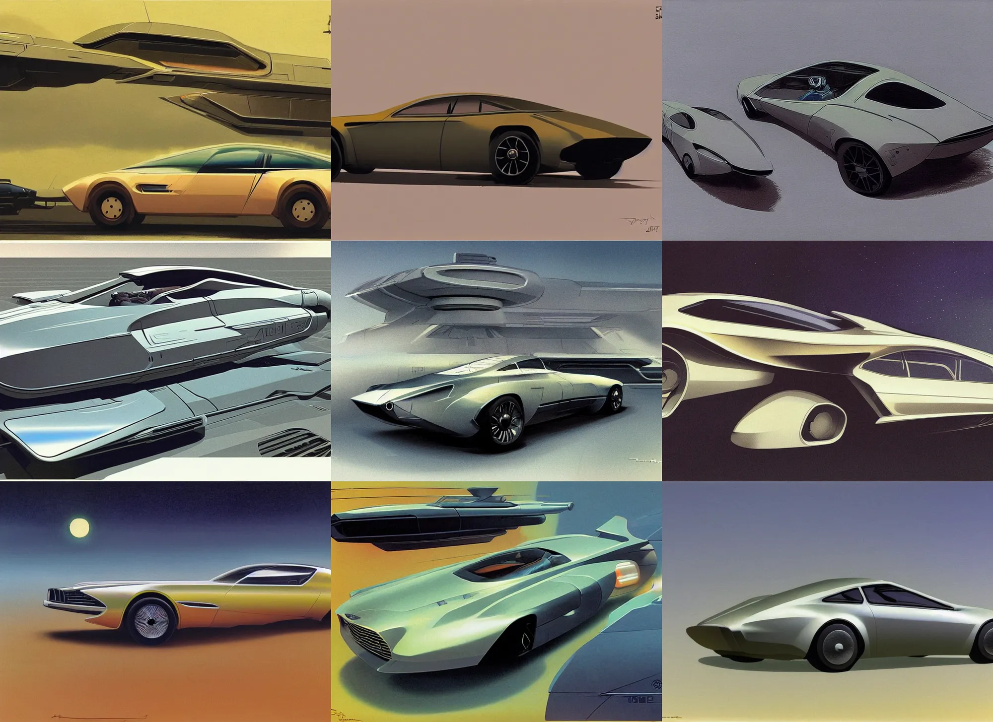Prompt: futuristic Aston Martin (2053), concept art, Dan McPharlin, Ralph McQuarrie
