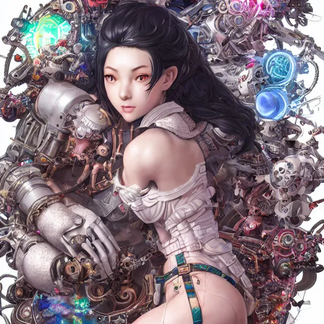 Image similar to the portrait of true neutral semi - colorful female cyborg mechanist as absurdly beautiful, gorgeous, elegant, young gravure idol, an ultrafine hyperdetailed illustration by kim jung gi, irakli nadar, intricate linework, bright colors, octopath traveler, final fantasy, unreal engine 5 highly rendered, global illumination, radiant light, detailed and intricate environment