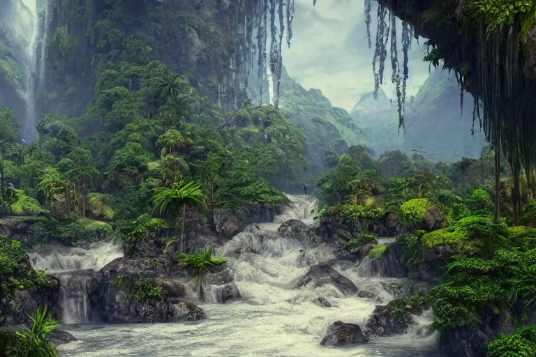 Image similar to Fantasy world with mountains in the bacground and waterfall with river on the bottom, on the right dense jungle forest, on the left ancient city with many bridges, highly detailed, matte painting, wide lens, overcast sky, ultra realistic, 4k, 8k resolution, trending on artstation, octane render, unreal engine, cinematic