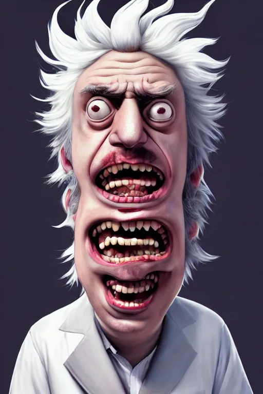 Image similar to Boris Johnson as crazy genius Rick Sanchez from Rick and Morty, unibrow, white robe, big eyes, realistic portrait, symmetrical, highly detailed, digital painting, artstation, concept art, smooth, sharp focus, illustration, cinematic lighting, art by artgerm and greg rutkowski and alphonse mucha