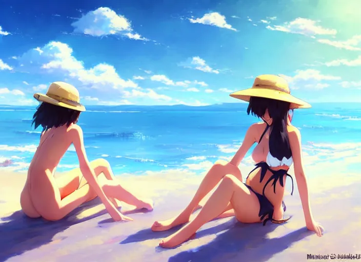 Image similar to a cute girl in a bikini and sunhat sitting on a towel on the beach, rocky mountains far in the distance, fluffy clouds on the horizon, by makoto shinkai an krenz cushart