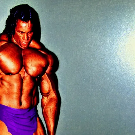 Image similar to realistic photo 35mm of a bodybuilder wearing a loincloth in a disco club next to a large purple rectangle made of lightning