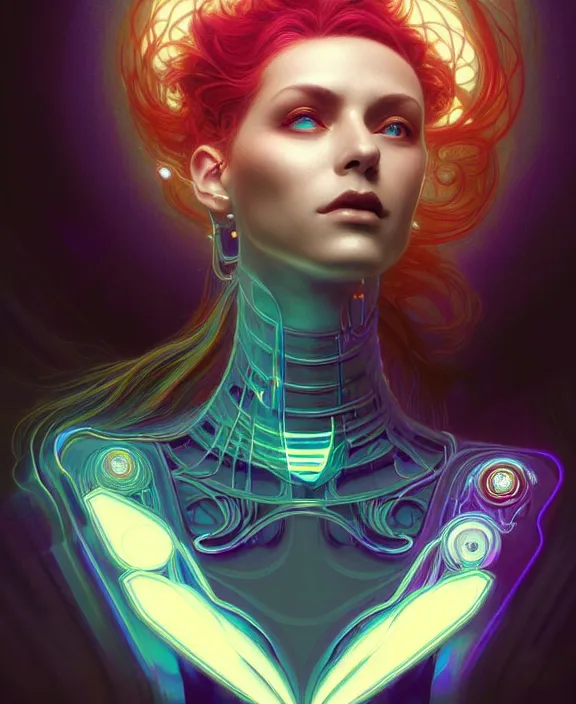 Image similar to a whirlwind of souls rushing inside the metaverse, hologram, half body, neurochip, shaved temple, piercing, jewelry, android, cyborg, cyberpunk face, by loish, d & d, fantasy, intricate, elegant, highly detailed, colorful, digital painting, artstation, concept art, art by artgerm and greg rutkowski and alphonse mucha