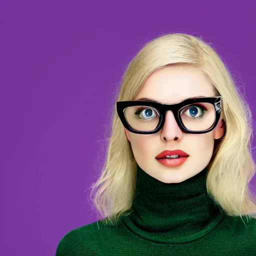 Prompt: portrait of a blonde woman with green eyes and black glasses and a small chin, high quality, photograph, 4k,