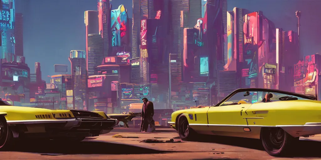 Image similar to art style by Ben Aronson and Edward Hopper and Syd Mead, wide shot view of the Cyberpunk 2077, on ground level.