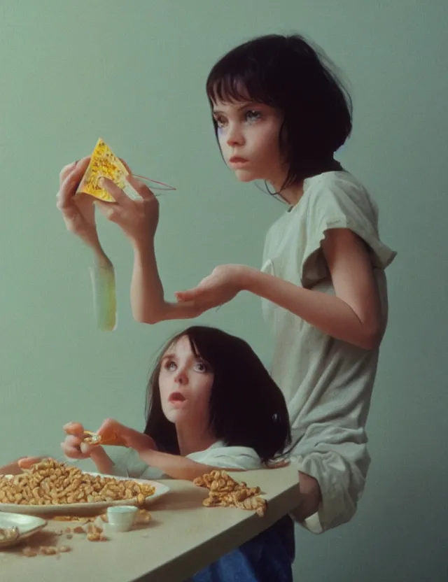 Prompt: young courtney cox eating cereal in an oversized shirt, redshift, colour shift, wide shot, coloured polaroid photograph, pastel, kodak film, hyper real, stunning moody cinematography, by maripol, fallen angels by wong kar - wai, style of suspiria and neon demon, david hockney, detailed, oil on canvas